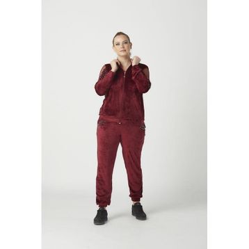 Moda Berray 1950 Bordo Kolları Taşlı Tam Kalıp Tarz Kadife Büyük Beden Kadın Eşofman Takımı