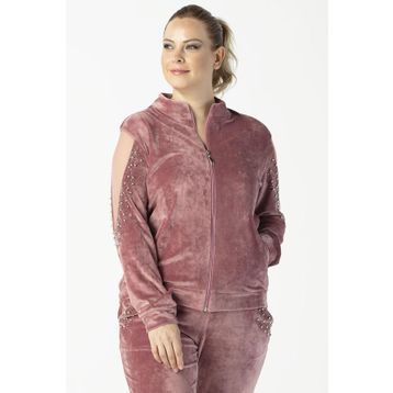 Moda Berray 1950 Pembe Kolları Taşlı Tam Kalıp Tarz Kadife Büyük Beden Kadın Eşofman Takımı