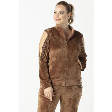 Moda Berray 1950 Taba Kolları Taşlı Tam Kalıp Tarz Kadife Büyük Beden Kadın Eşofman Takımı