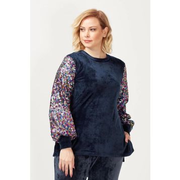 Moda Berray 3232 Lacivert Kadife Kolu Disko Payetli Büyük Beden Kadın Bluz