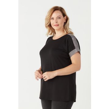Moda Berray 3236 Siyah Parlak Omuz Detaylı Esnek Büyük Beden Şık Kadın Bluz