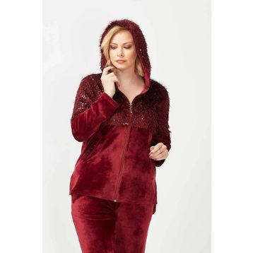 Moda Berray 3239 Bordo Tam Kalıp Pullu Saçaklı Tarz Kapüşonlu Kadife Kadın Eşofman Takımı