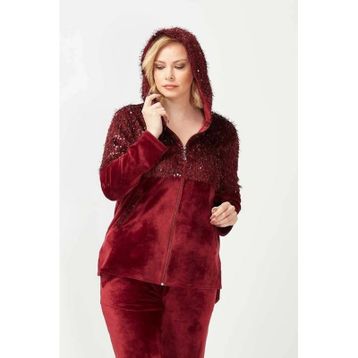Moda Berray 3239 Bordo Tam Kalıp Pullu Saçaklı Tarz Kapüşonlu Kadife Kadın Eşofman Takımı
