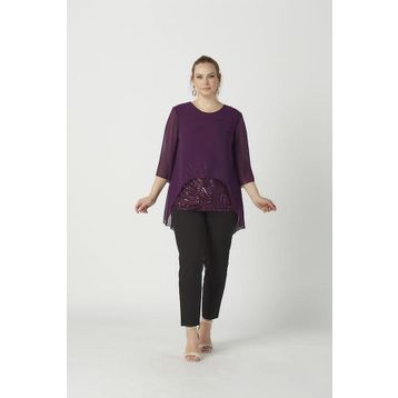Moda Berray 4047 Mürdüm Şifon Payet Dantel Kombinli Büyük Beden Kadın Bluz