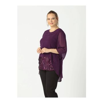Moda Berray 4047 Mürdüm Şifon Payet Dantel Kombinli Büyük Beden Kadın Bluz