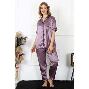 Moda Çizgi 10303 Büyük Beden Mor Saten Kadın Pijama Takımı