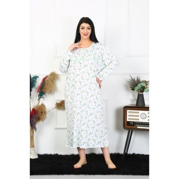Moda Çizgi 1363 Büyük Beden Uzun Kol Beyaz Anne Kadın Gecelik