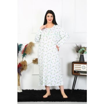Moda Çizgi 1363 Büyük Beden Uzun Kol Beyaz Anne Kadın Gecelik