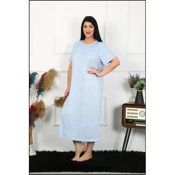 Moda Çizgi 1376 Büyük Beden Kısa Kol Mavi Dantelli Anne Kadın Gecelik