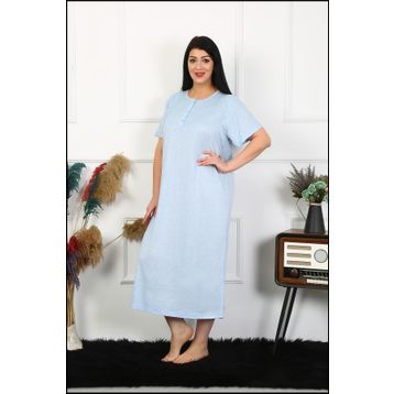 Moda Çizgi 1376 Büyük Beden Kısa Kol Mavi Dantelli Anne Kadın Gecelik