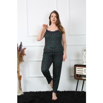 Moda Çizgi 202197 Yeşil Büyük Beden Ekoseli İp Askılı Kadın Pijama Takımı