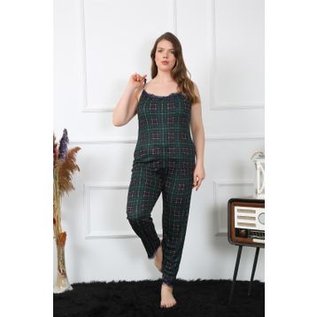 Moda Çizgi 202197 Yeşil Büyük Beden Ekoseli İp Askılı Kadın Pijama Takımı