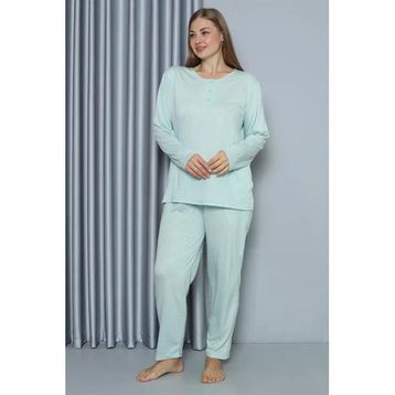 Moda Çizgi 202212 Su Yeşili Büyük Beden Penye Uzun Kol Kadın Pijama Takımı