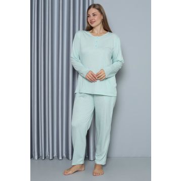 Moda Çizgi 202212 Su Yeşili Büyük Beden Penye Uzun Kol Kadın Pijama Takımı