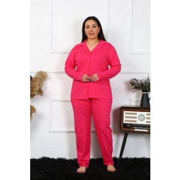 Moda Çizgi 202401 Büyük Beden Pamuklu Cepli Düğmeli Fuşya Kadın Pijama Takımı