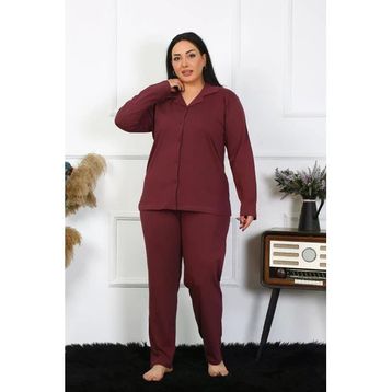 Moda Çizgi 202401 Büyük Beden Pamuklu Cepli Düğmeli Mürdüm Kadın Pijama Takımı