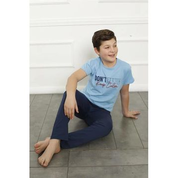 Moda Çizgi 20380 Mavi Pamuk Kısa Kollu Erkek Çocuk Pijama Takımı