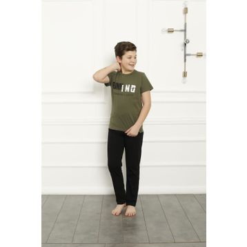 Moda Çizgi 20384 Haki Pamuk Kısa Kollu Erkek Çocuk Pijama Takımı