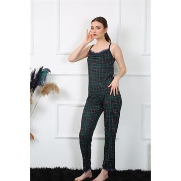 Moda Çizgi 4135 Yeşil İp Askılı Ekoseli Kadın Pijama Takımı
