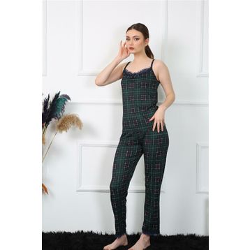Moda Çizgi 4135 Yeşil İp Askılı Ekoseli Kadın Pijama Takımı