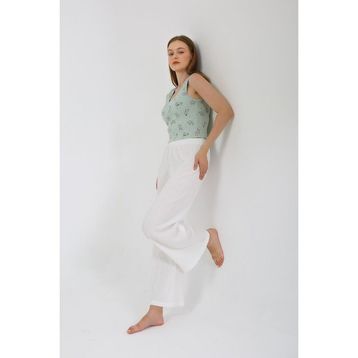 Moda Çizgi 4219 Beyaz Kalın Askılı Body Bol Paça 2'li Kadın Pantolon Takım