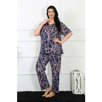 Moda Çizgi 75008 Lacivert Büyük Beden Kısa Kol Kadın Pijama Takımı