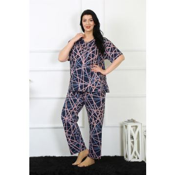 Moda Çizgi 75008 Lacivert Büyük Beden Kısa Kol Kadın Pijama Takımı