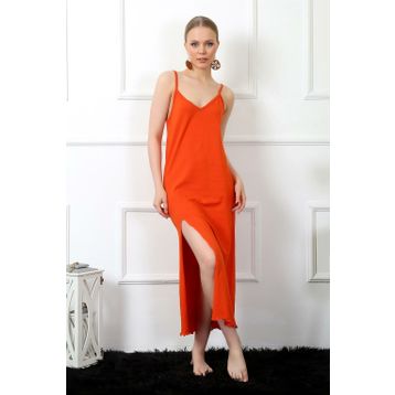 Moda Çizgi 901 Turuncu İp Askılı Uzun Kadın Gecelik