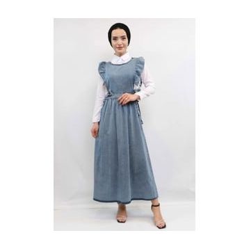 Moda Çizgi Fırfırlı Salopet Kot Mavi Elbise
