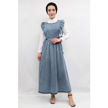 Moda Çizgi Fırfırlı Salopet Kot Mavi Elbise