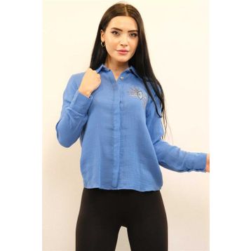 Moda Çizgi MC2301 İndigo Taşlı Keten Kadın Gömlek