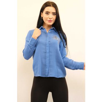 Moda Çizgi MC2301 İndigo Taşlı Keten Kadın Gömlek