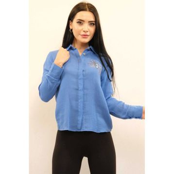 Moda Çizgi MC2301 İndigo Taşlı Keten Kadın Gömlek