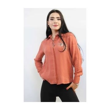 Moda Çizgi MC2301 Mercan Taşlı Keten Kadın Gömlek
