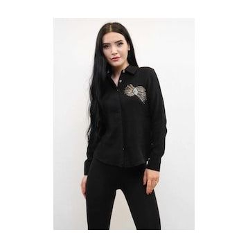 Moda Çizgi MC2301 Siyah Taşlı Keten Kadın Gömlek