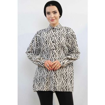 Moda Çizgi MC4108 Zikzak Desenli Keten Kadın Gömlek