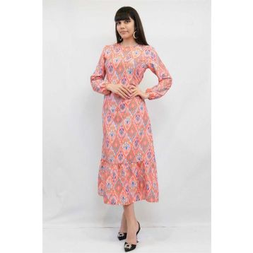 Moda Çizgi Şal Desen Turuncu Elbise