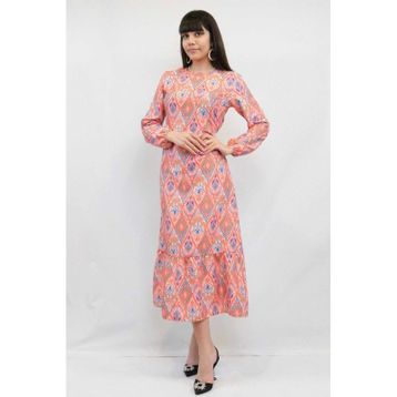 Moda Çizgi Şal Desen Turuncu Elbise