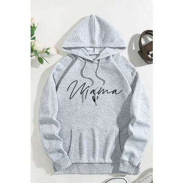 Modagen Gri Mama Baskılı Oversize Kapüşonlu Hamile Sweatshirt