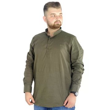 Mode XL 20388 Haki Keten Likralı Uzun Kol Hakim Yaka Erkek Gömlek