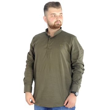 Mode XL 20388 Haki Keten Likralı Uzun Kol Hakim Yaka Erkek Gömlek