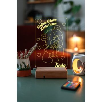 Modiwa Design Doğum Gününe Özel Hediye 3D Ayıcık ve Kalpler LED Gece Lambası