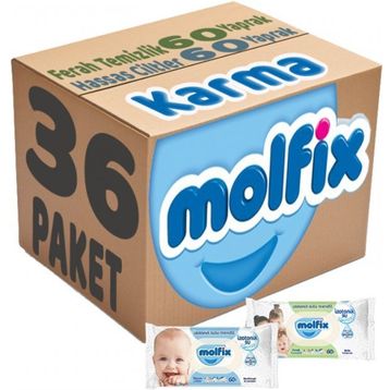 Molfix Ferah Temizlik 18x60 + Hassas Cilt 18x60 Karma Set 36 Paket Islak Mendil