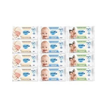 Molfix Ferah Temizlik 4x60 + Hassas Cilt 4x60 + Yenidoğan 4x50 Karma Set 12 Paket Islak Mendil