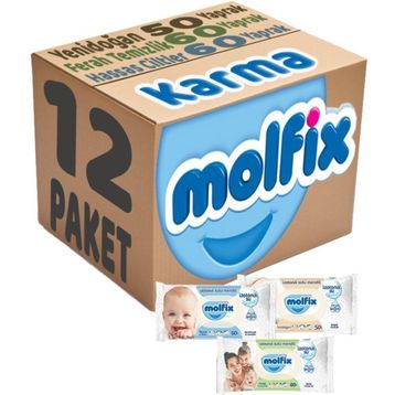 Molfix Ferah Temizlik 4x60 + Hassas Cilt 4x60 + Yenidoğan 4x50 Karma Set 12 Paket Islak Mendil