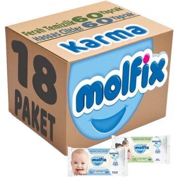 Molfix Ferah Temizlik 9x60 + Hassas Cilt 9x60 Karma Set 18 Paket Islak Mendil