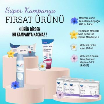 Molicare 8 Damla Medium 80 Adet Külotlu Hasta Bezi + 1 Adet Çinko Krem + 1 Adet Köpük + 1 Adet Mendil