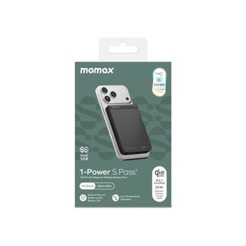 Momax IP163Q22D Power S.Pass2 Siyah 10000 mAh Qi2.2 Yarı SSB MagSafe Powerbank
