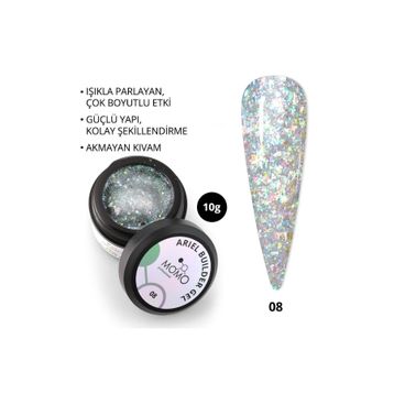 Momo Professional Nail Art No: 08 Şeffaf Holografik Yeşil Lila Simli 10 gr Protez Tırnak Jeli