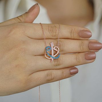 Mona Roza 925 Ayar Turkuaz Taşlı Çift Vav Elif Gümüş Kolye